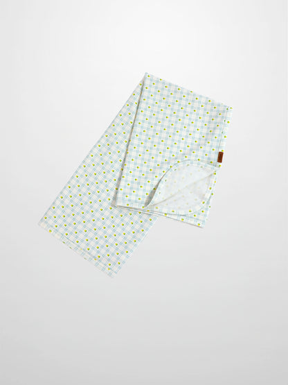 Lemon Window Blanket, Adee boys swaddle blanket in white with light blue grid and yellow lemon motifs
