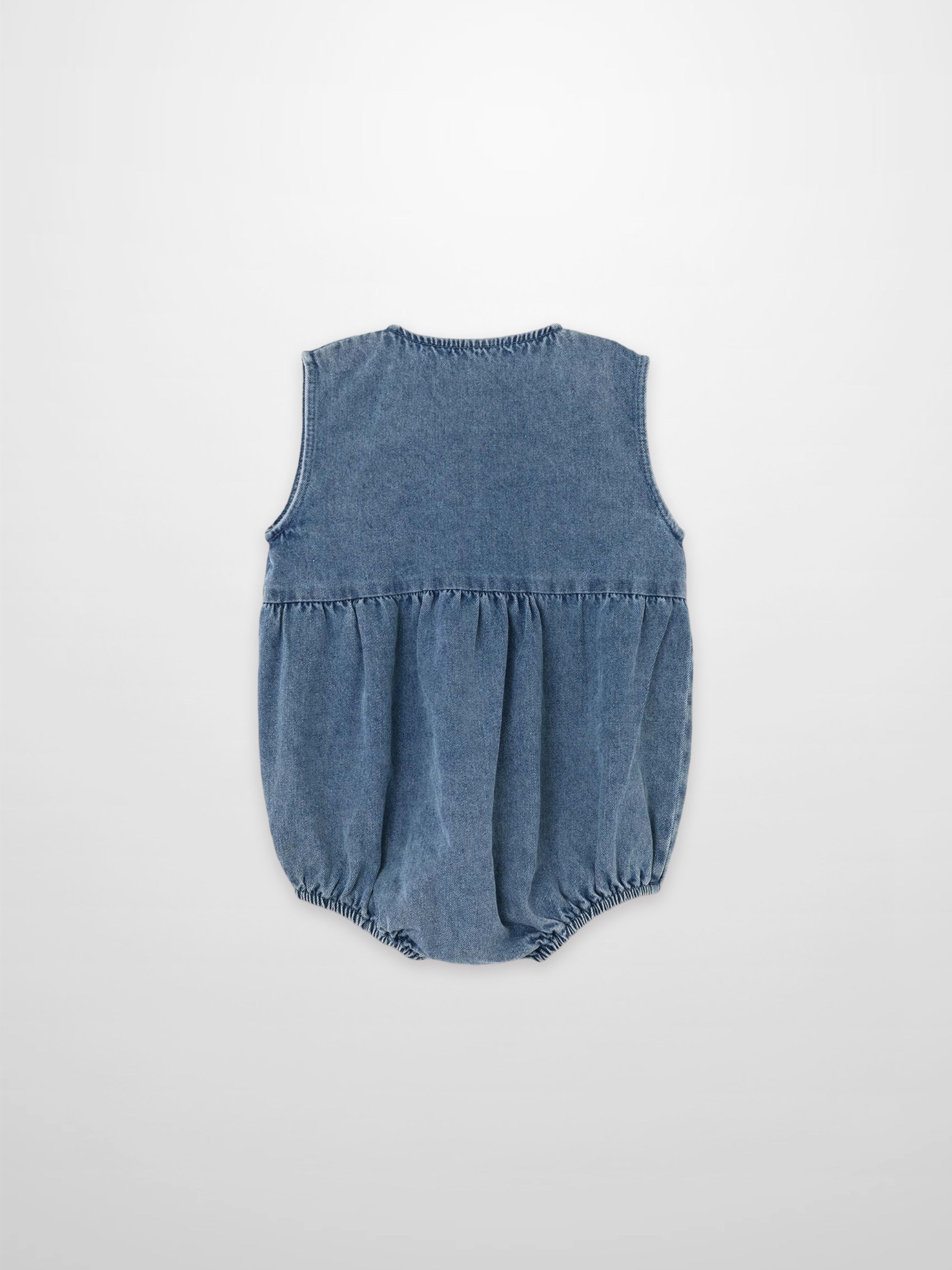 Blue denim romper for boys, sleeveless one-piece with elastic leg openings.