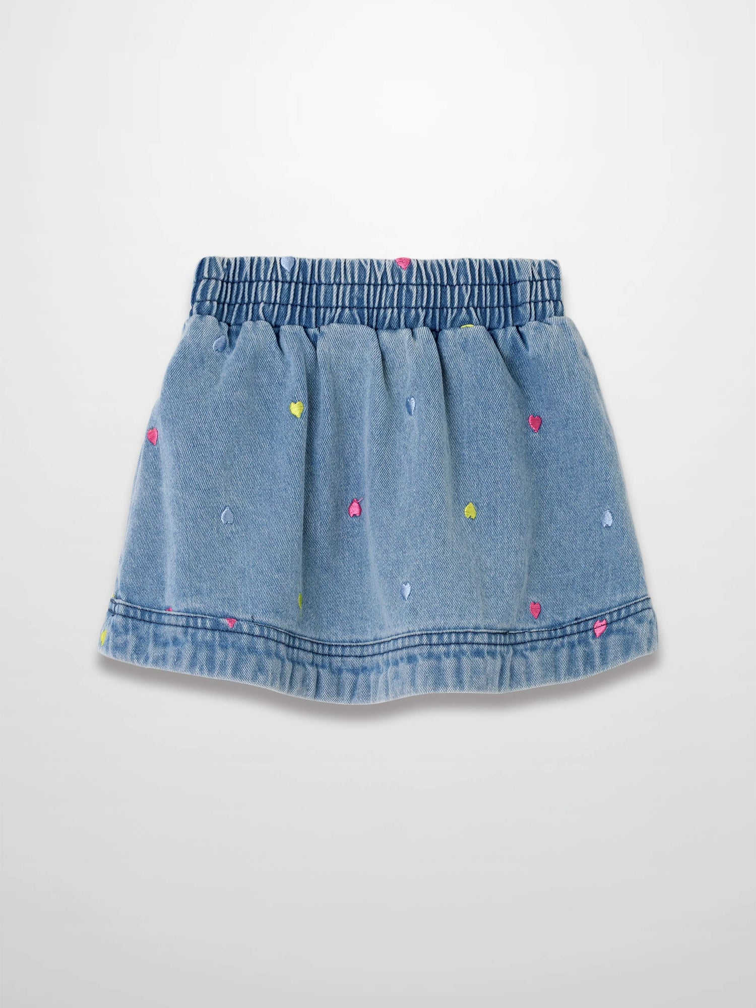Embroidered Heart Denim Skirt in light wash with colorful heart embroidery and elastic waistband