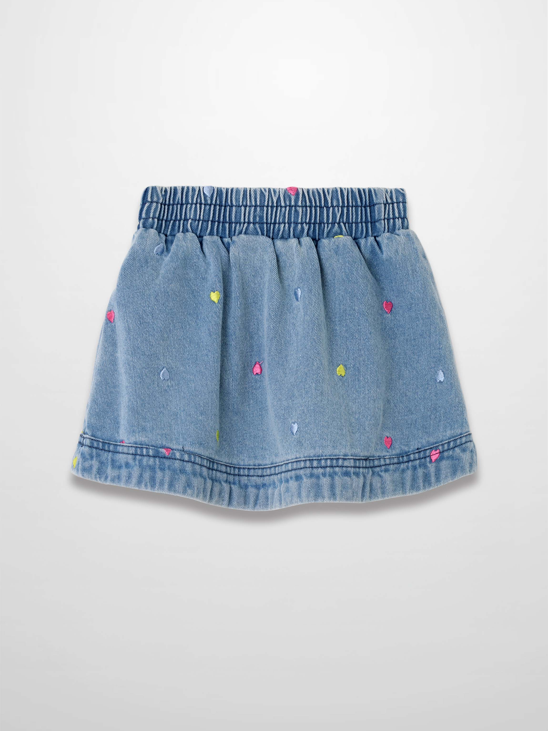 Embroidered Heart Denim Skirt in light wash with colorful heart embroidery and elastic waistband