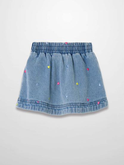 Embroidered Heart Denim Skirt in light wash with colorful heart embroidery and elastic waistband