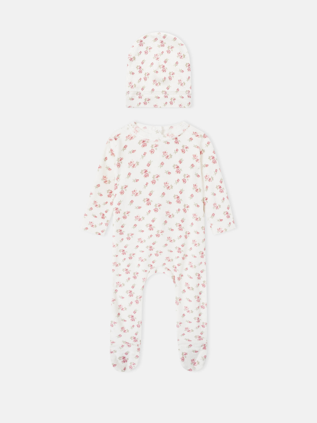 2-piece Tiny Blossom layette set by Adee: white floral-print hat and matching long-sleeve footed romper for girls.