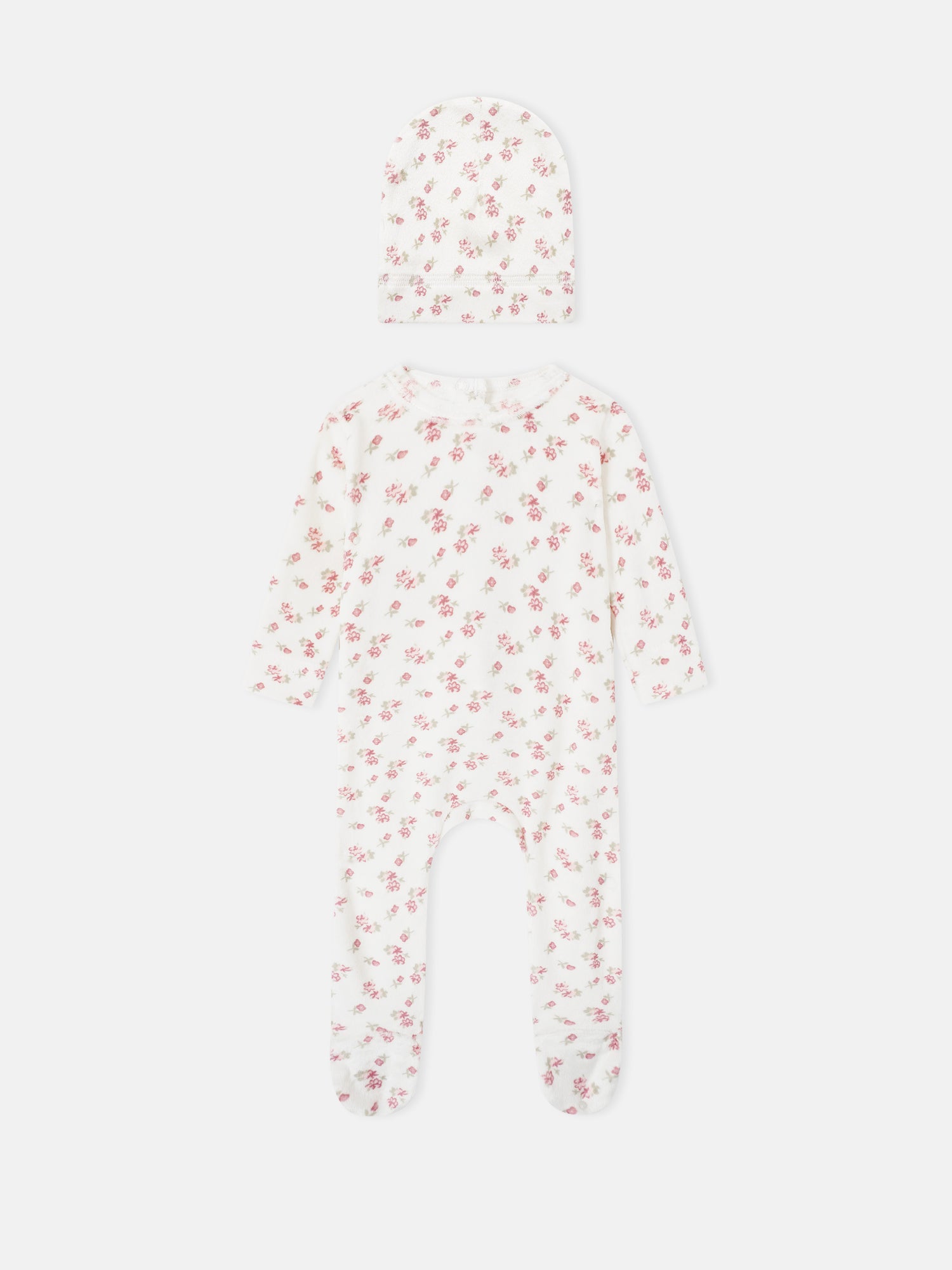 2-piece Tiny Blossom layette set by Adee: white floral-print hat and matching long-sleeve footed romper for girls.
