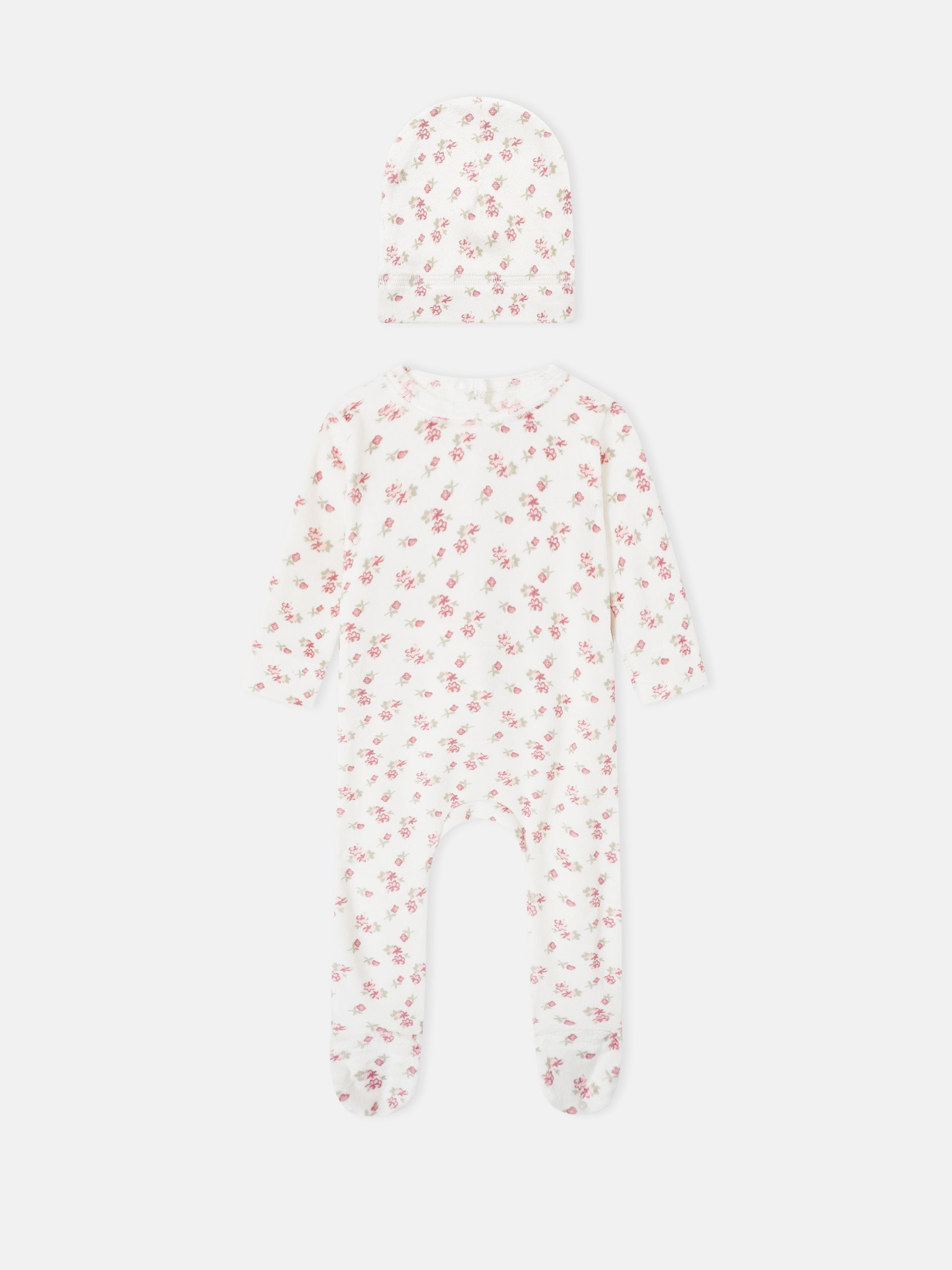 2-piece Tiny Blossom layette set by Adee: white floral-print hat and matching long-sleeve footed romper for girls.