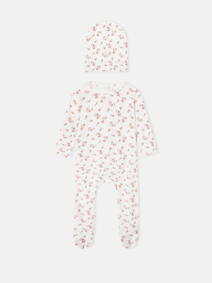 2-piece Tiny Blossom layette set by Adee: white floral-print hat and matching long-sleeve footed romper for girls.
