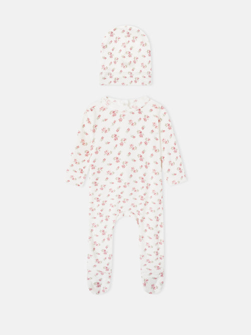 2-piece Tiny Blossom layette set by Adee: white floral-print hat and matching long-sleeve footed romper for girls.