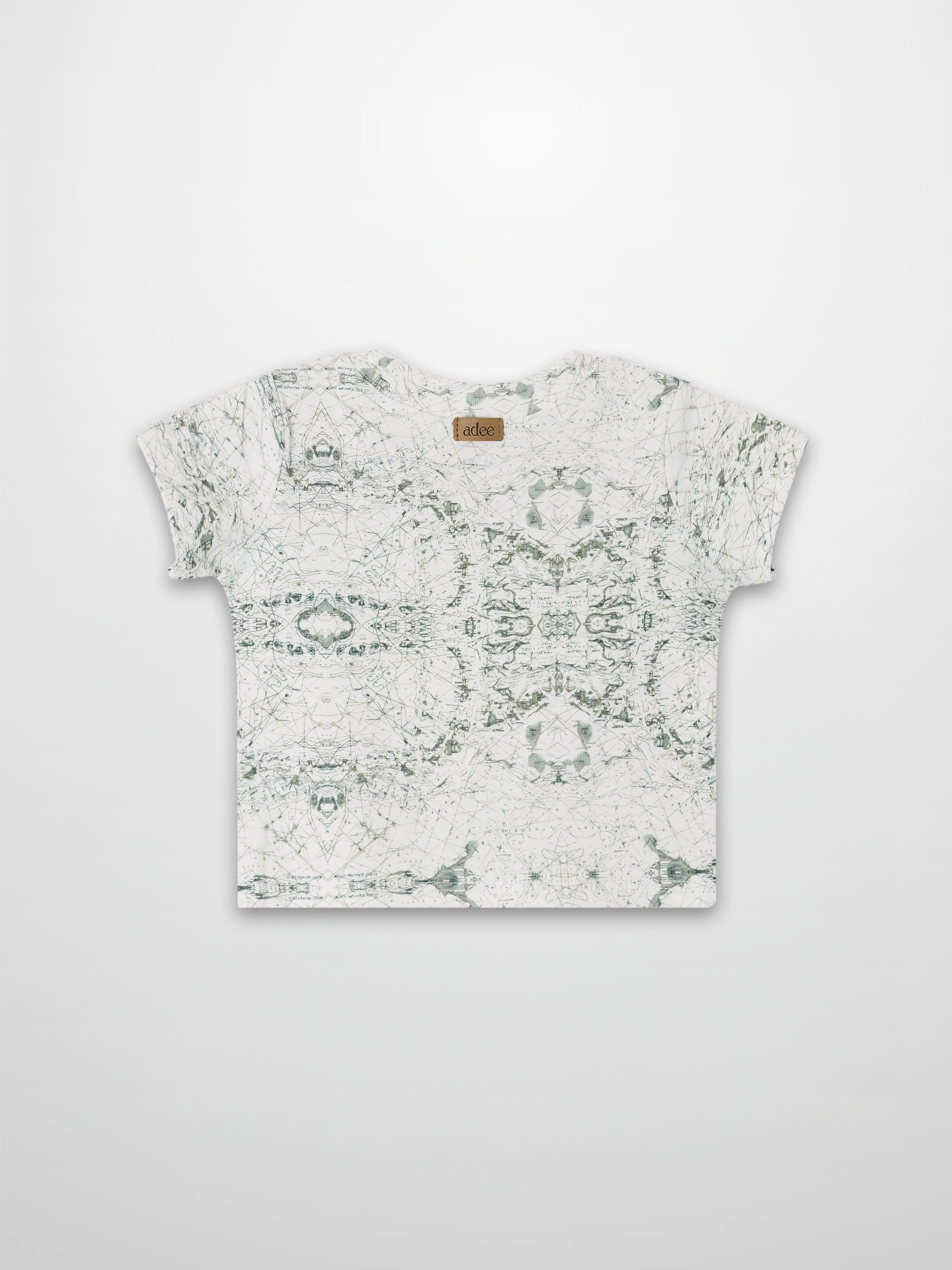 Map T-shirt with vintage sage-green map print on off-white fabric for babies and toddlers.