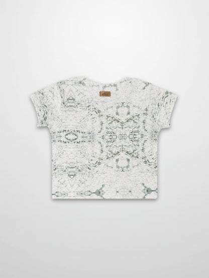 Map T-shirt with vintage sage-green map print on off-white fabric for babies and toddlers.
