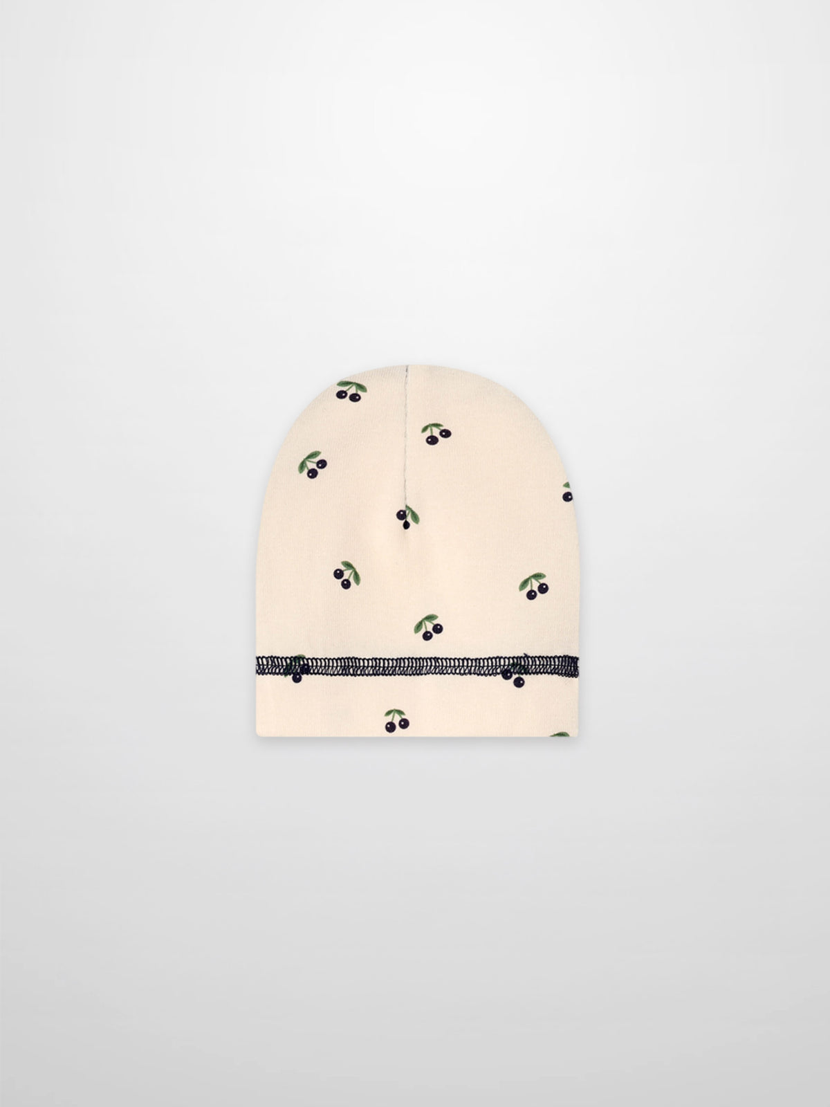 Blue Cherry Hat for boys with beige background and green leafy cherry print