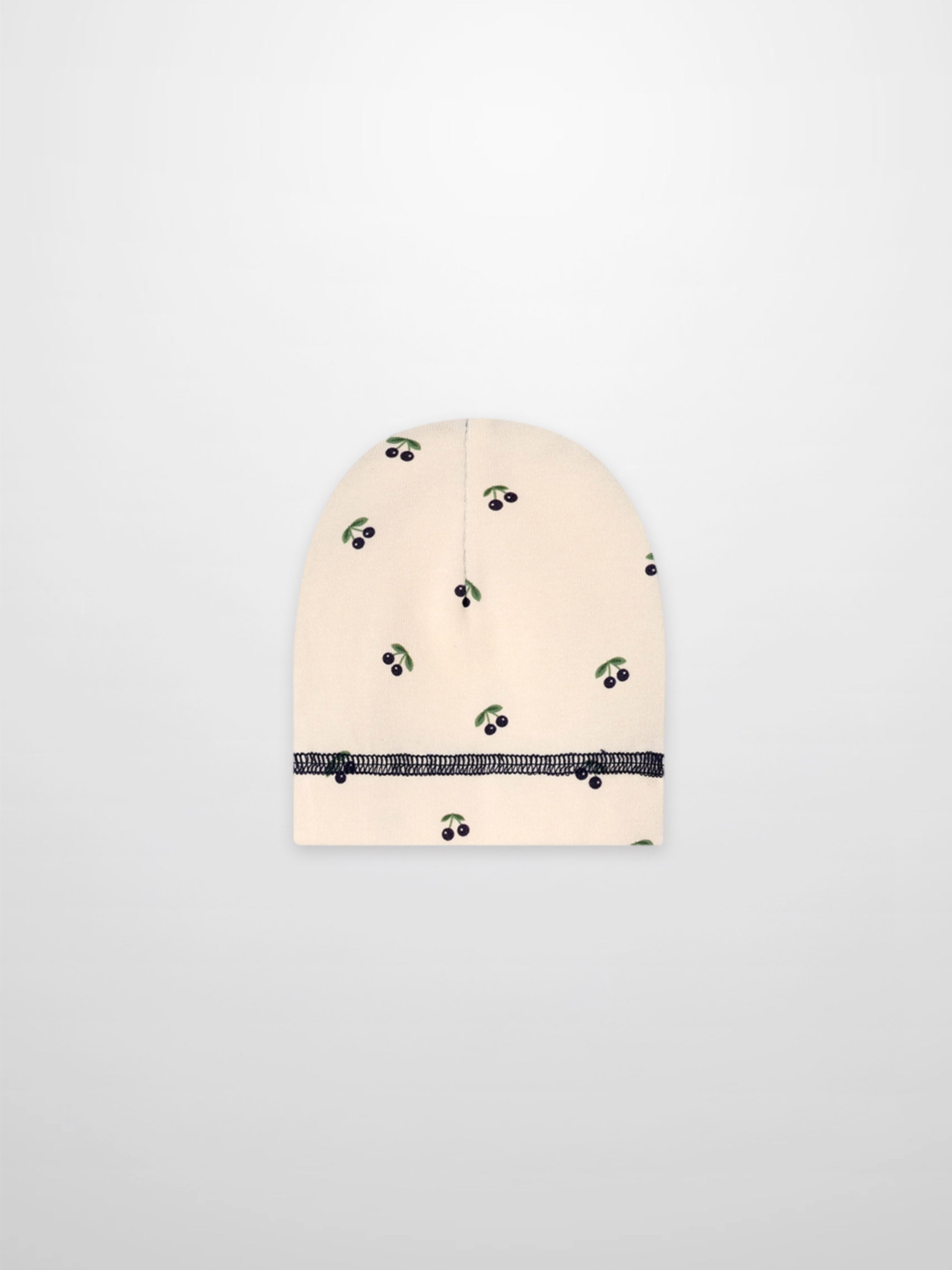 Blue Cherry Hat for boys with beige background and green leafy cherry print