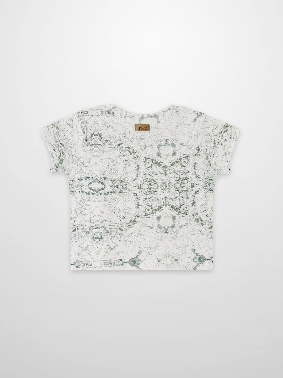 Map T-shirt for boys in sage-green with finely sketched map pattern; Adee brand patch at back neckline