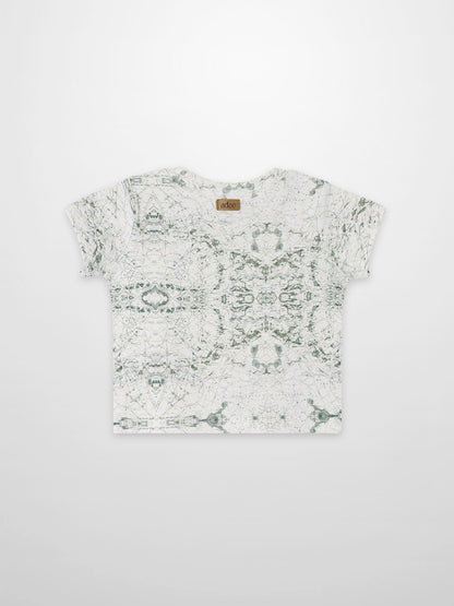Map T-shirt for boys in sage-green with finely sketched map pattern; Adee brand patch at back neckline