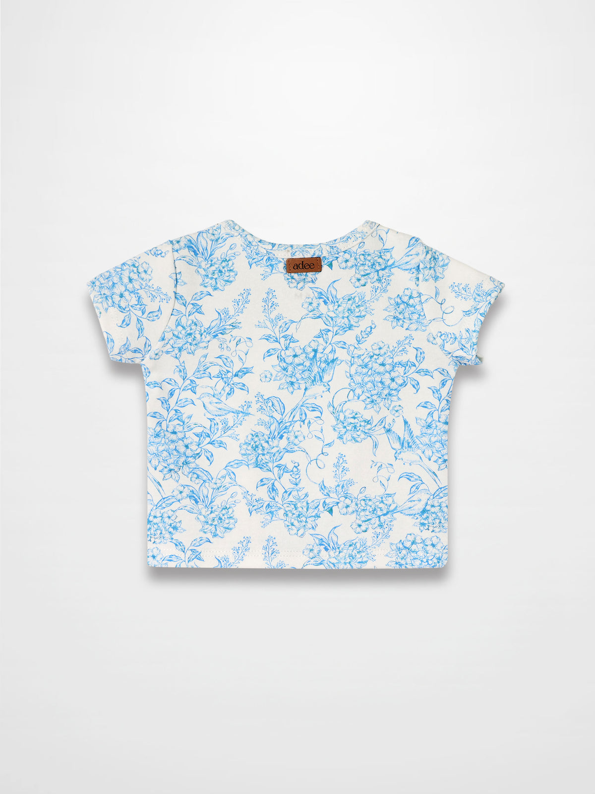 Blue flowered short sleeve T-shirt for girls, Adee brand, white with blue floral print