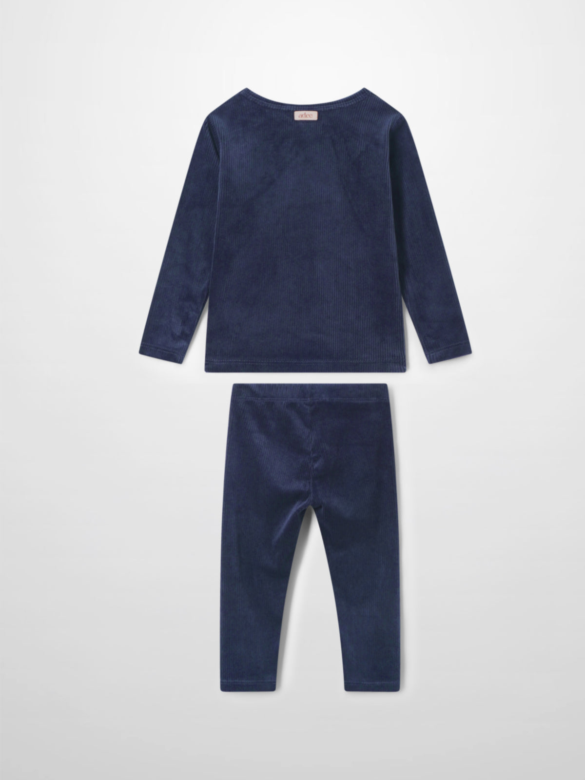 Ribbed Velour Pajamas - Navy: V-neck top with Adee logo and coordinating navy bottoms.