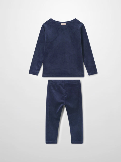Ribbed Velour Pajamas - Navy: V-neck top with Adee logo and coordinating navy bottoms.