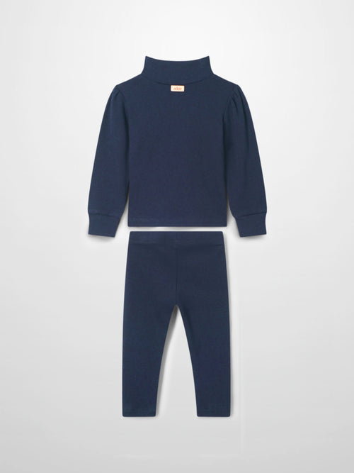 Ribbed Legging Set Puff Sleeves in navy for little girls; two-piece Adee outfit.