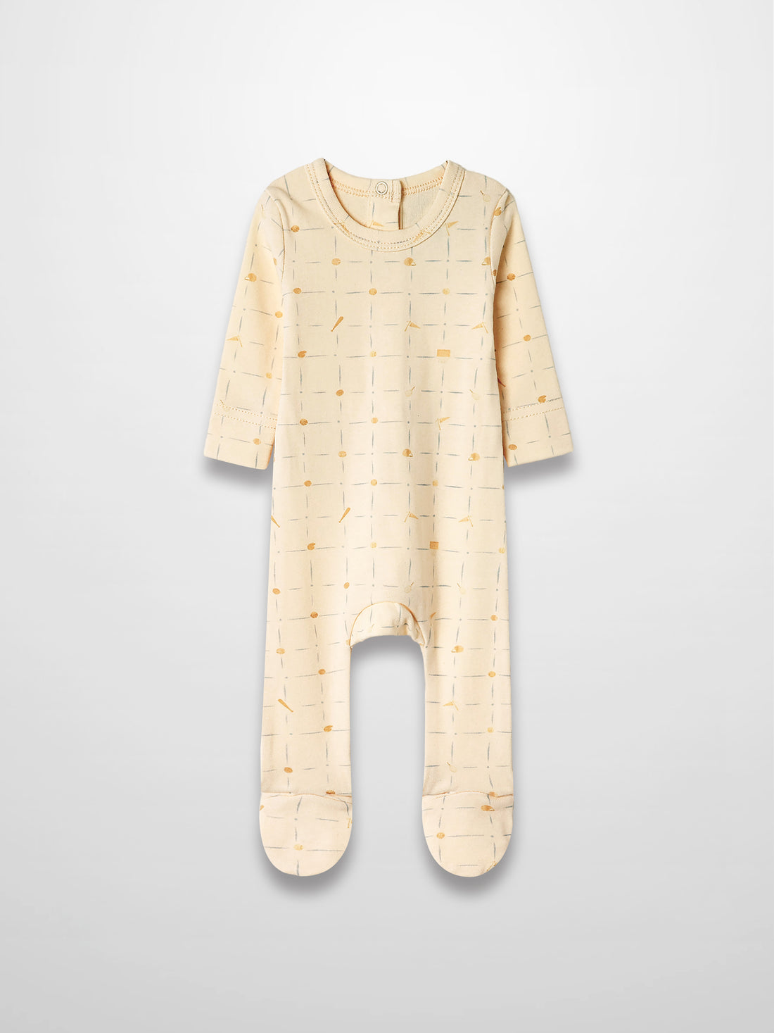 Grand Slam Stretchy baby boy footed jumpsuit in light beige with pale blue grid, tan baseballs, bats, and flags.