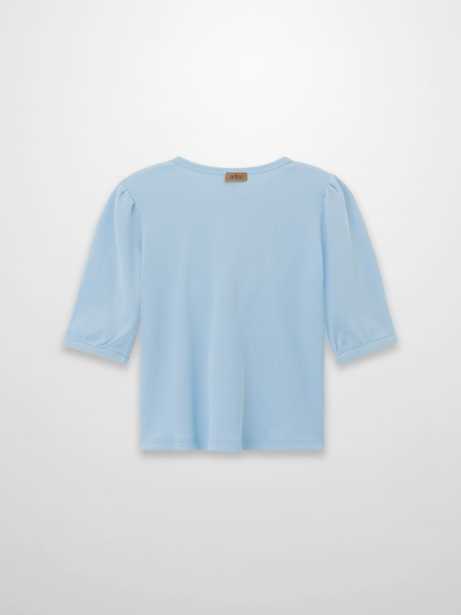 Light blue ribbed 3/4 puff sleeve T-shirt, back view with beige adee label at neck.