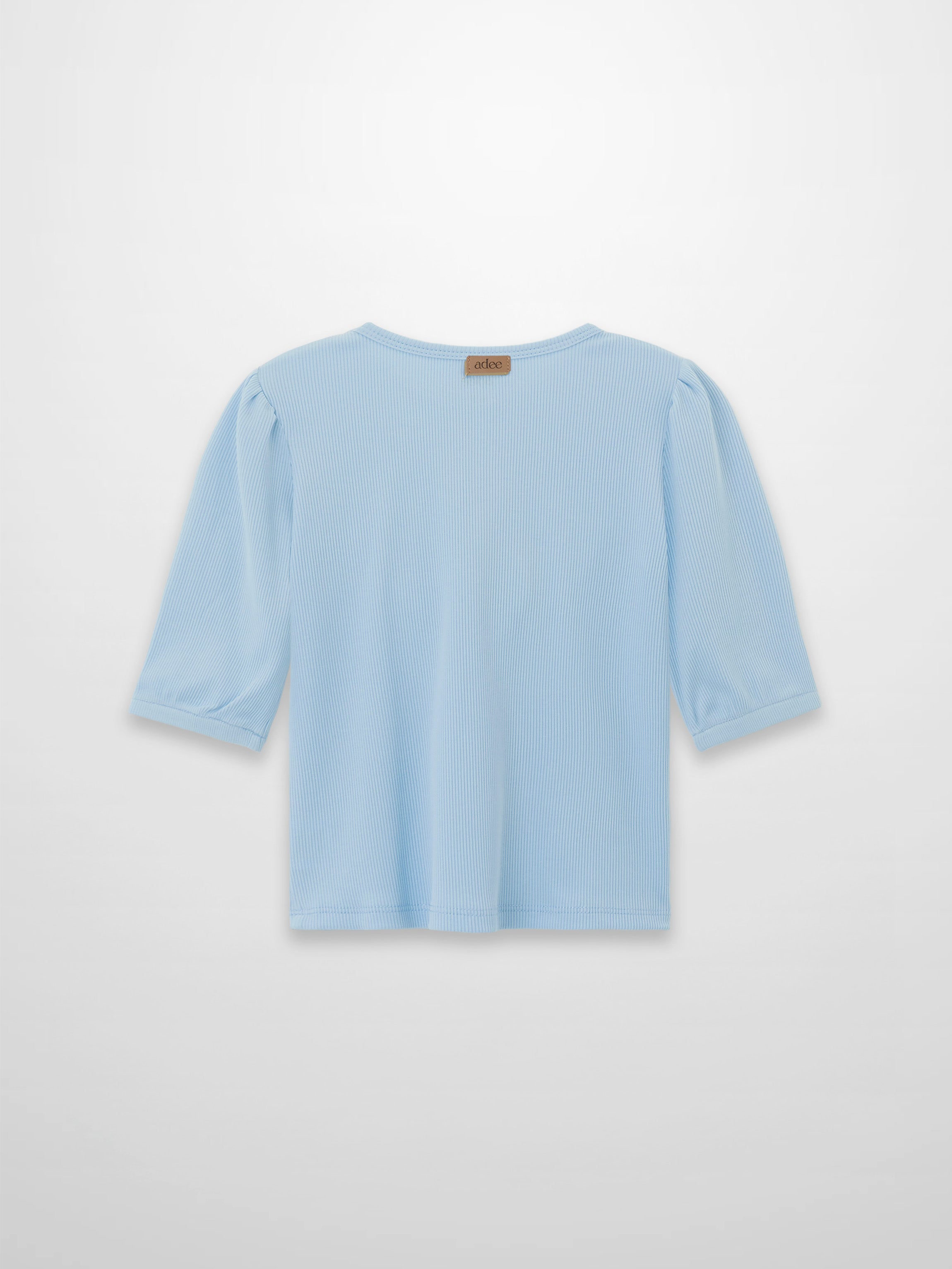 Light blue ribbed 3/4 puff sleeve T-shirt, back view with beige adee label at neck.