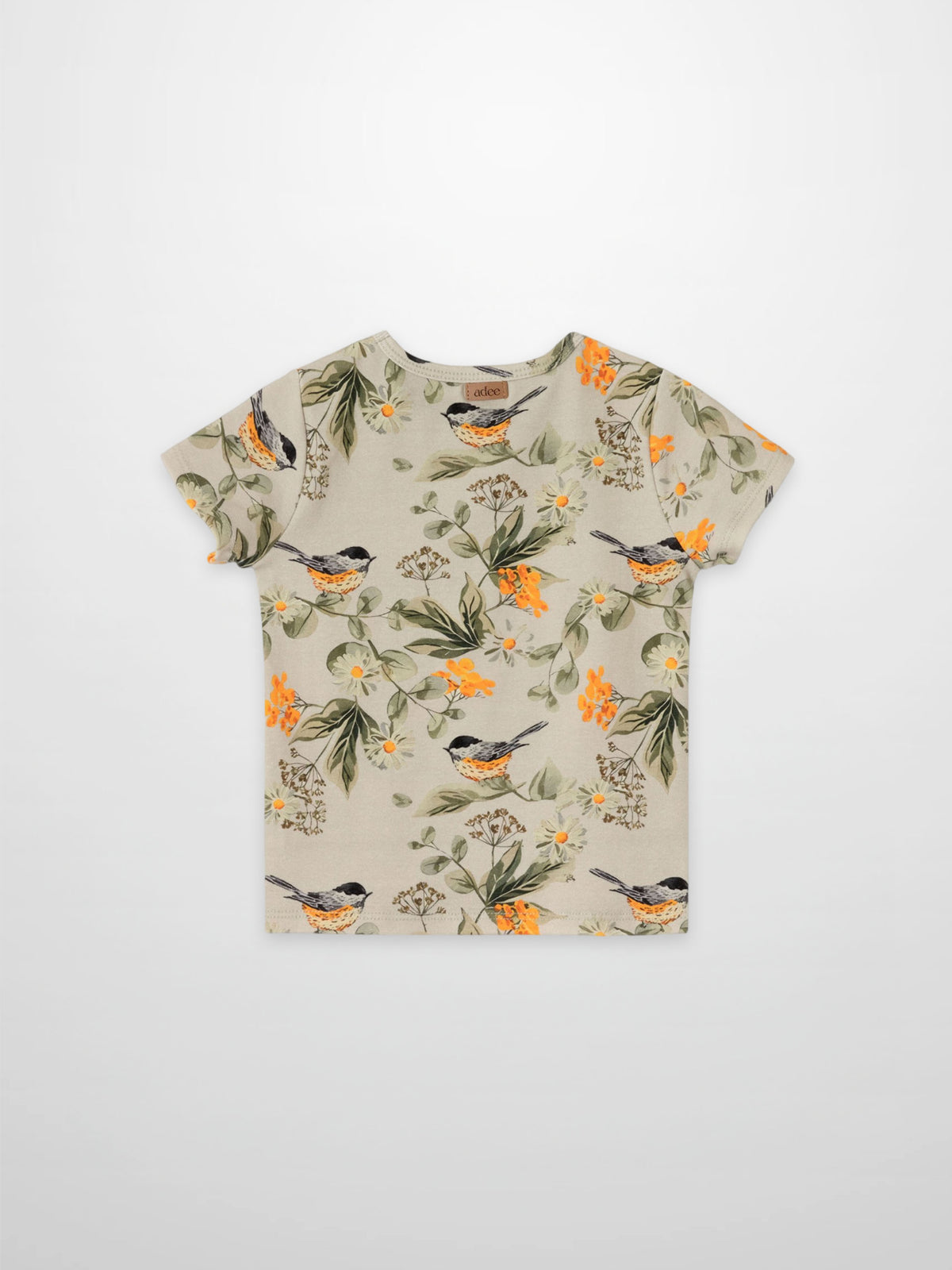 Garden Finch Short Sleeve T-Shirt by Adee; beige kids&