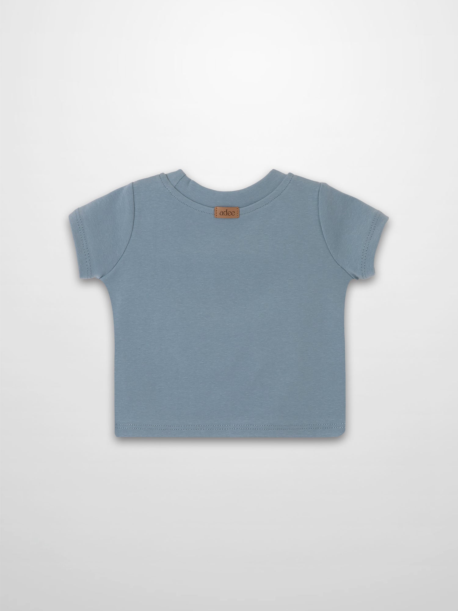 Blue Baseball T-shirt with short sleeves and a tan neck label.