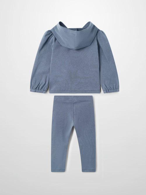 Light blue cotton hoodie set with puffed sleeves and matching leggings for baby and toddler girls.