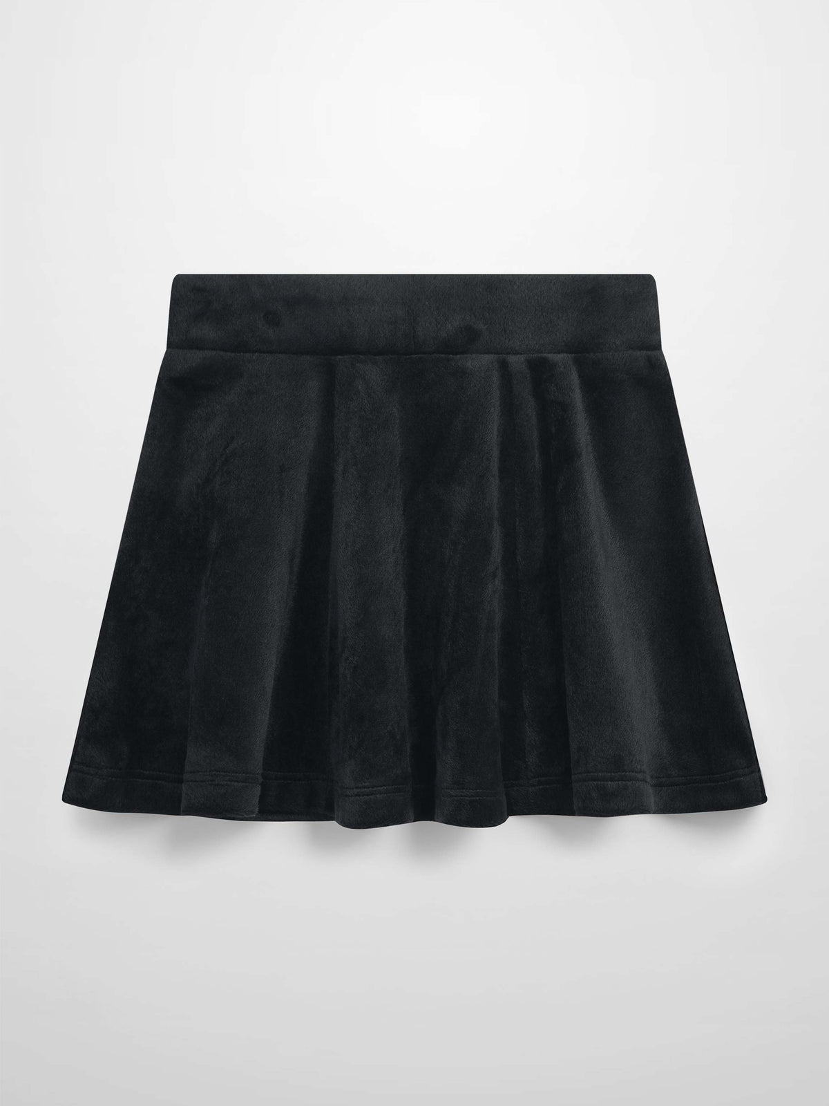 Black velour six-panel skirt with wide waistband, flared circle silhouette.