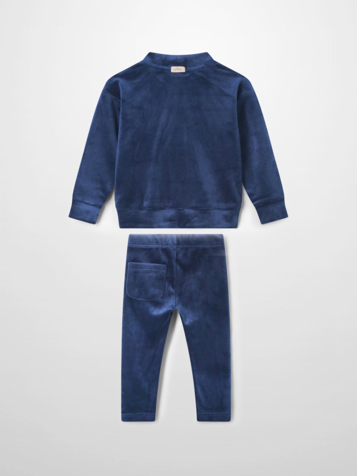 Navy Velour Bomber Set for kids; plush long-sleeve top with smooth neckline and matching pants.