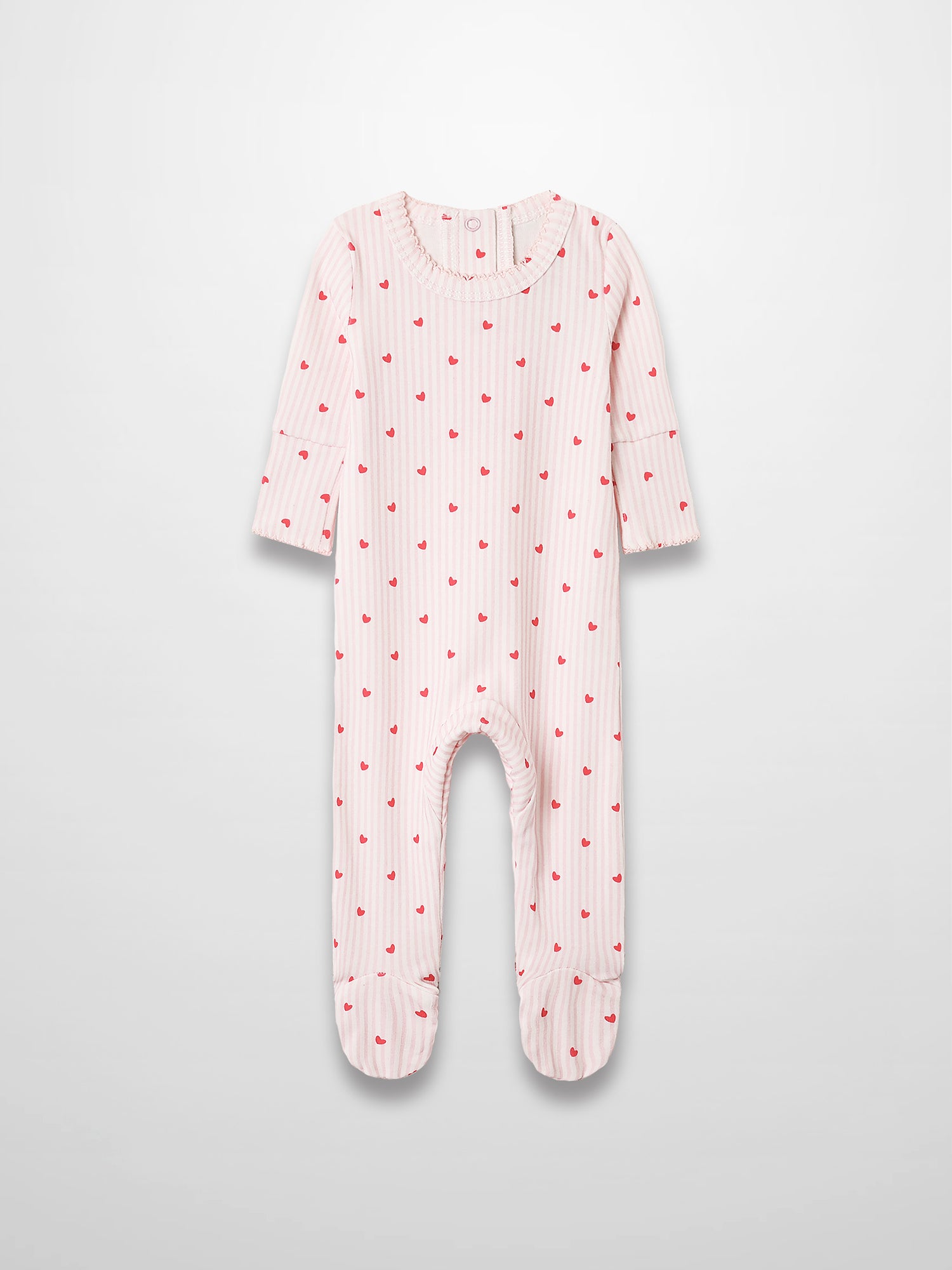 Pink striped footed baby jumpsuit with red hearts, scalloped trim, and soft stretch fabric.
