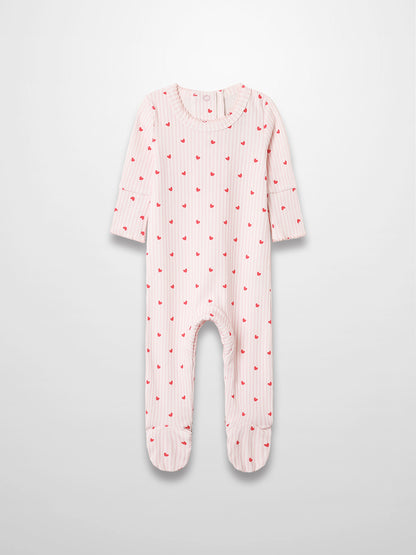 Pink striped footed baby jumpsuit with red hearts, scalloped trim, and soft stretch fabric.