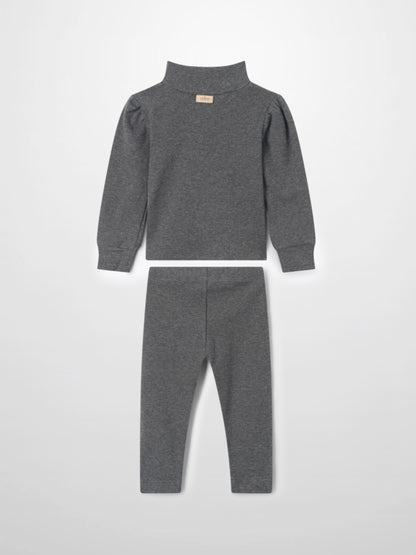 Ribbed Leggings Set with Puff Sleeves - Grey