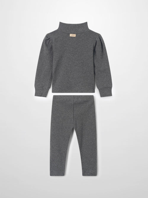 Ribbed Leggings Set with Puff Sleeves Grey, two-piece Adee little girls apparel.