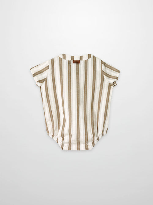 Tan and white striped baby romper with short sleeves and gathered leg openings.