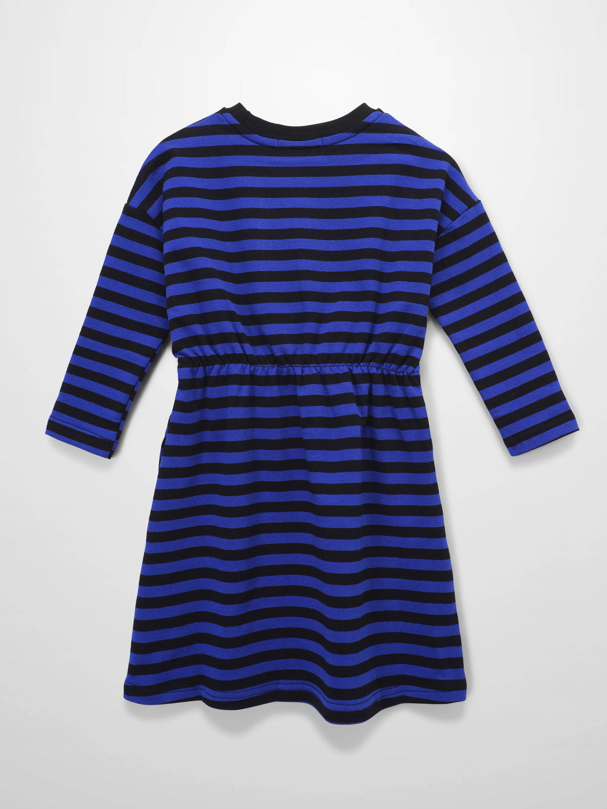 Blue and black striped dress for girls with long sleeves, crew neck, and elastic waist.