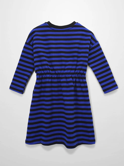Blue and black striped dress for girls with long sleeves, crew neck, and elastic waist.