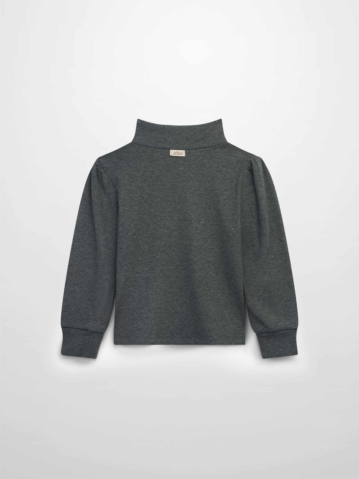 Back view of grey ribbed puff-sleeve shirt for girls with mock neck and cuffed sleeves.