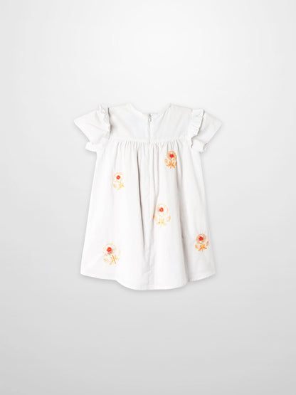 Embroidered Flower Dress - Short Sleeve for girls, Adee; white dress with orange floral embroidery