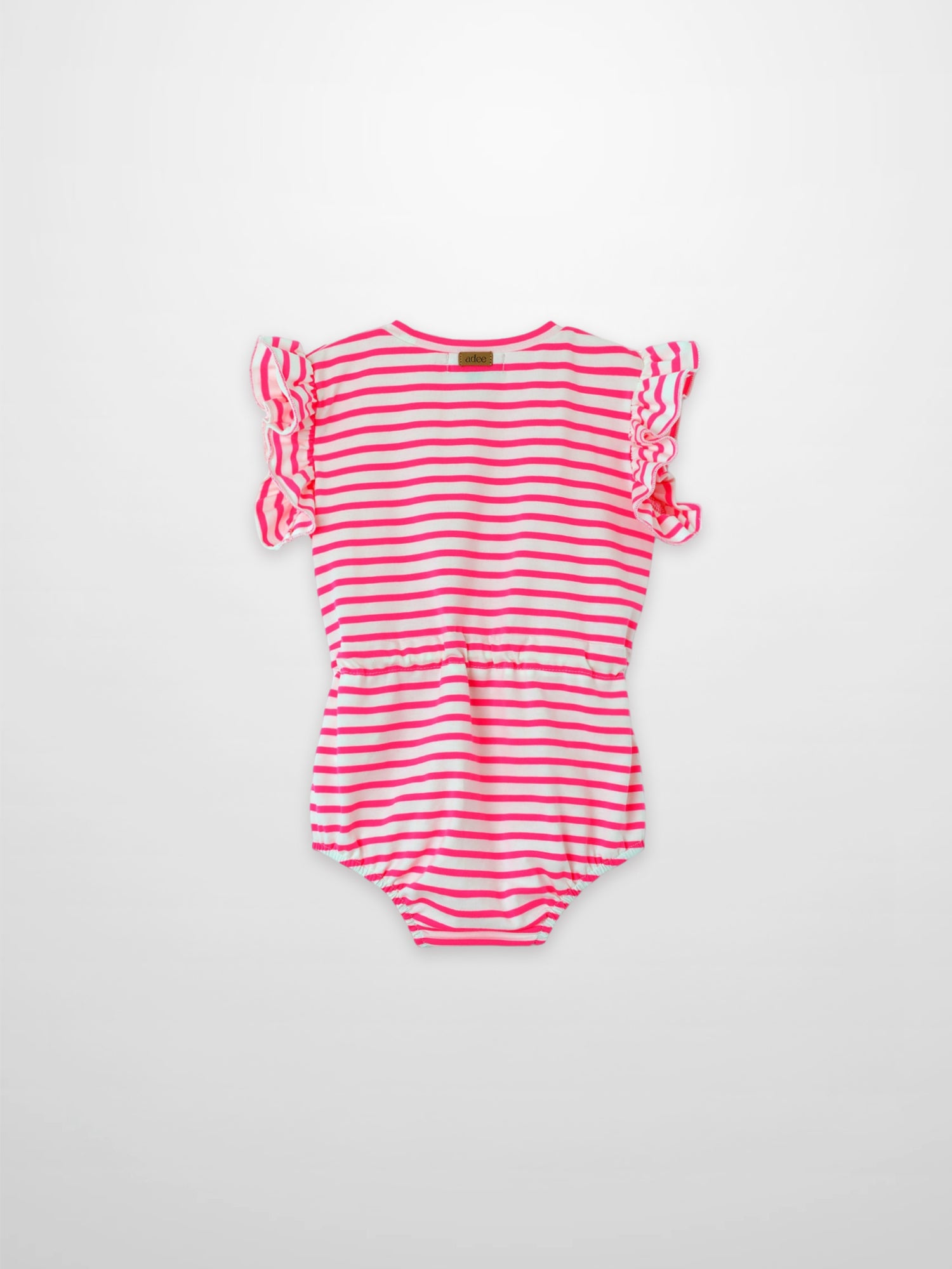 Neon pink striped girls romper by Adee with ruffle sleeves