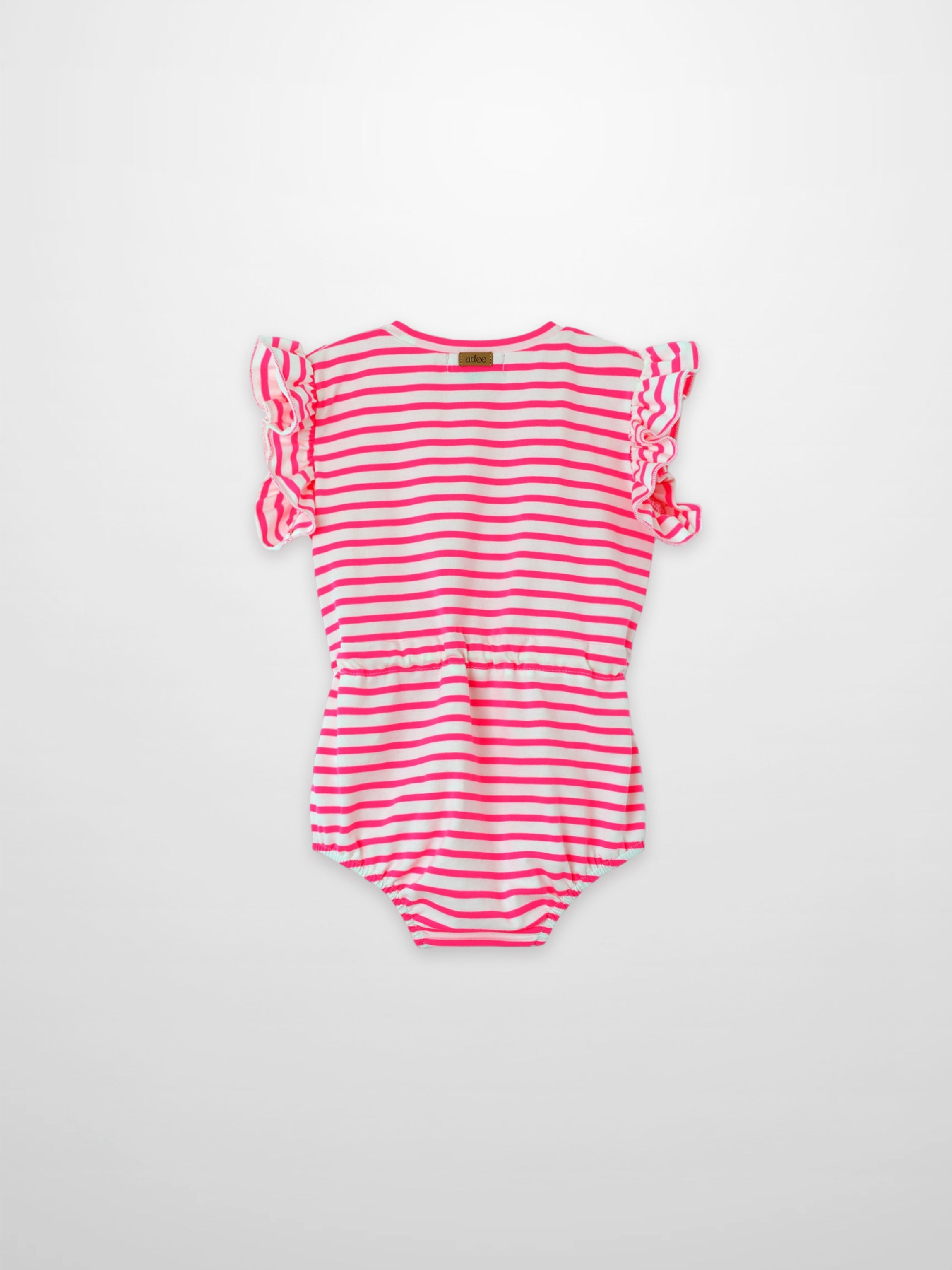 Neon pink striped girls romper by Adee with ruffle sleeves