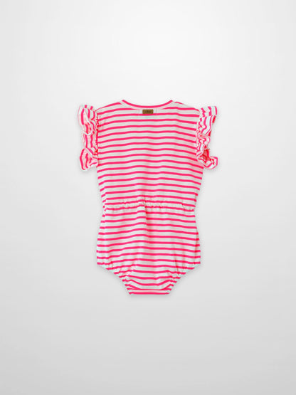 Neon pink striped girls romper by Adee with ruffle sleeves