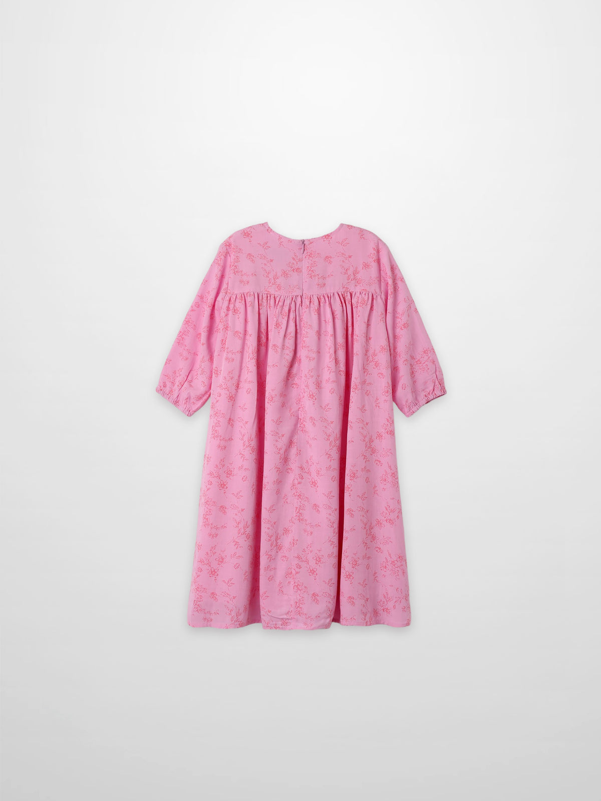 Pink flower-print dress for girls with 3/4 sleeves and gathered waist