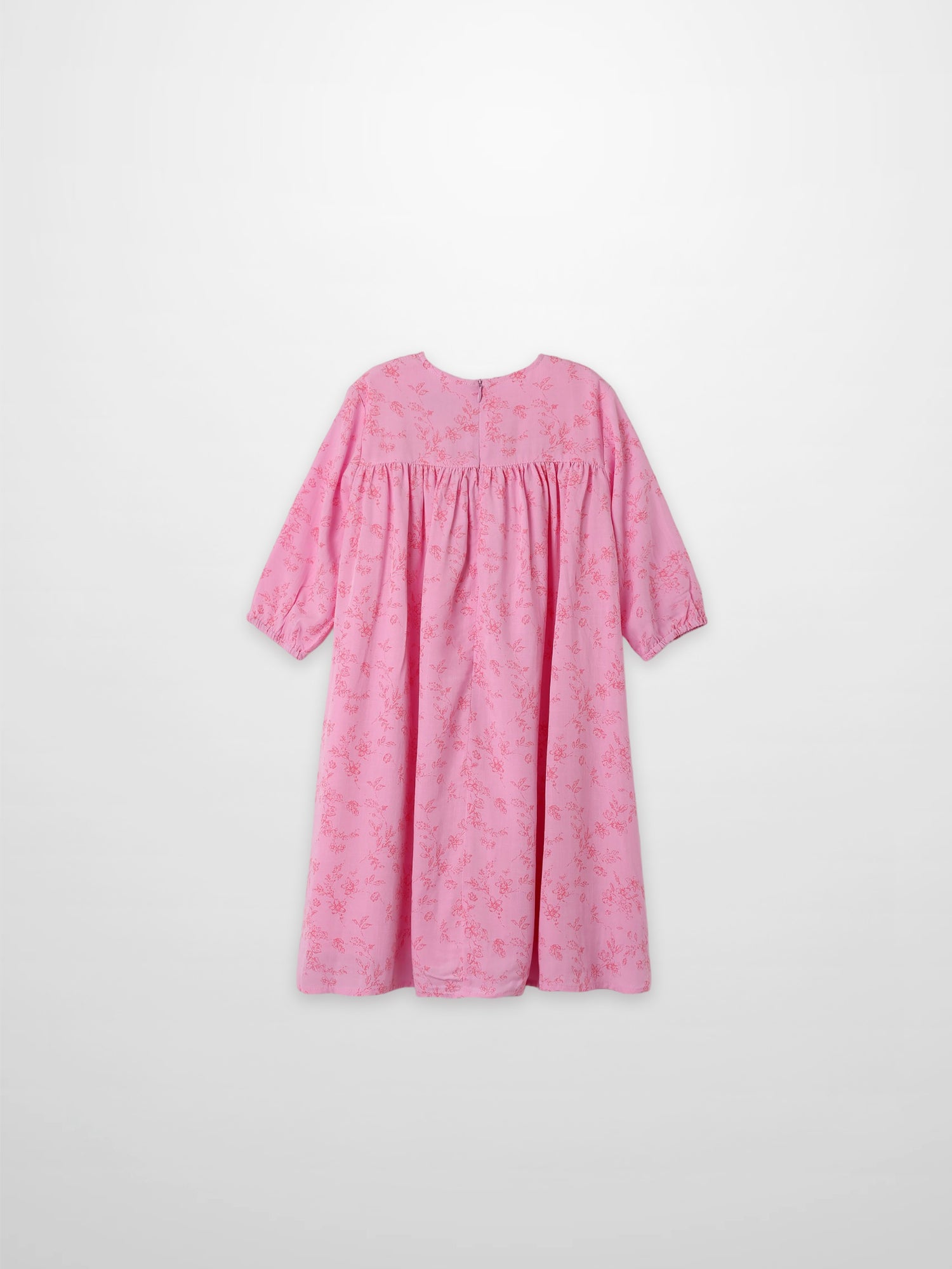 Pink flower-print dress for girls with 3/4 sleeves and gathered waist