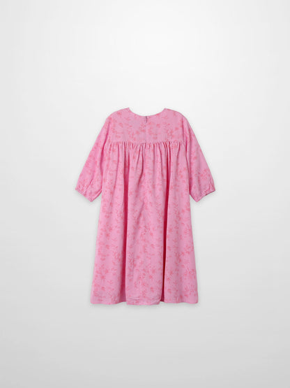 Pink flower-print dress for girls with 3/4 sleeves and gathered waist