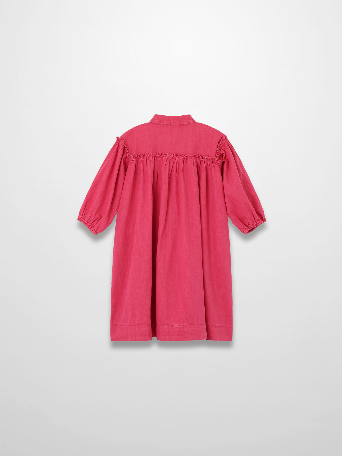3/4-sleeve pink denim dress with gathered yoke and puff sleeves, back view