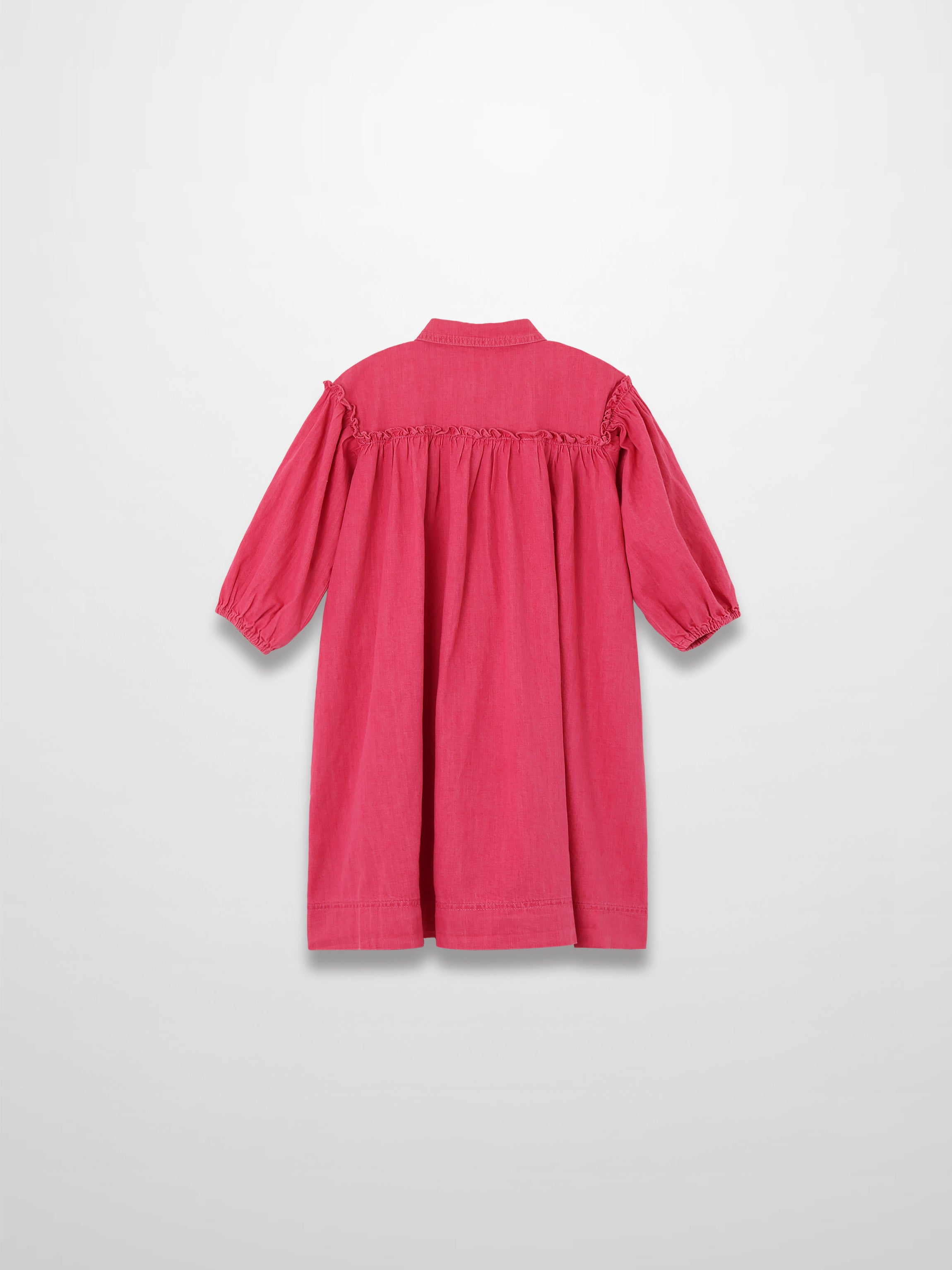 3/4-sleeve pink denim dress with gathered yoke and puff sleeves, back view