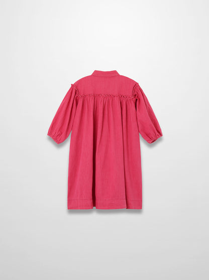 3/4-sleeve pink denim dress with gathered yoke and puff sleeves, back view