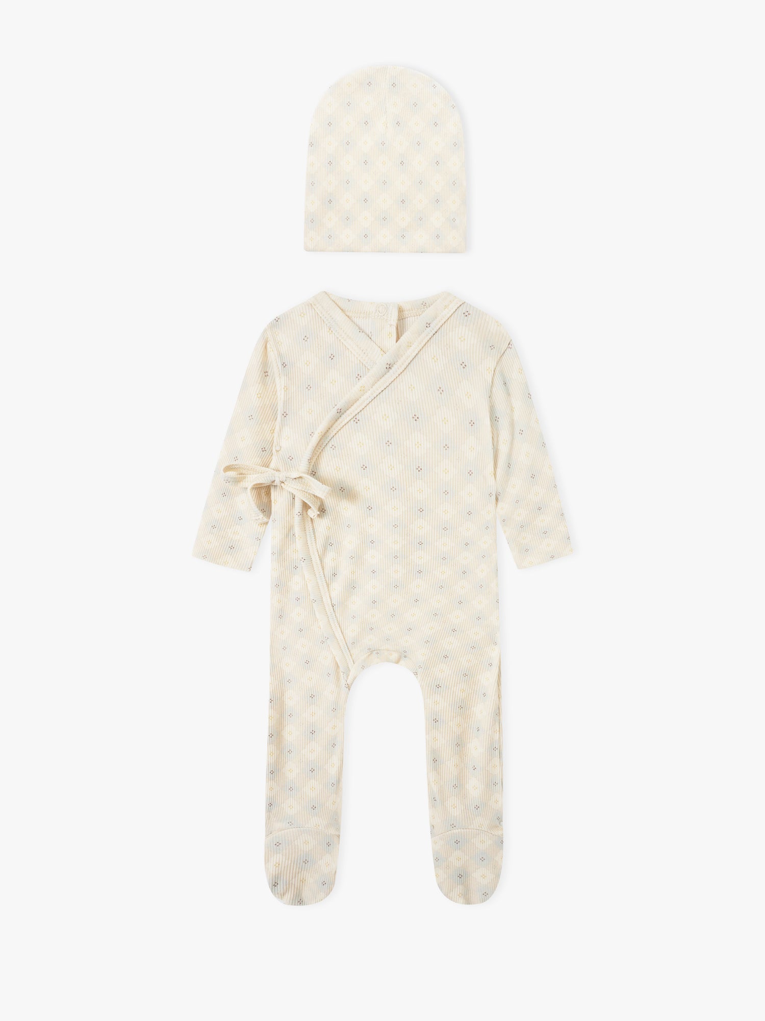 Little Button Blue baby layette set by Adee; cream knit robe with wrap belt and matching hat.