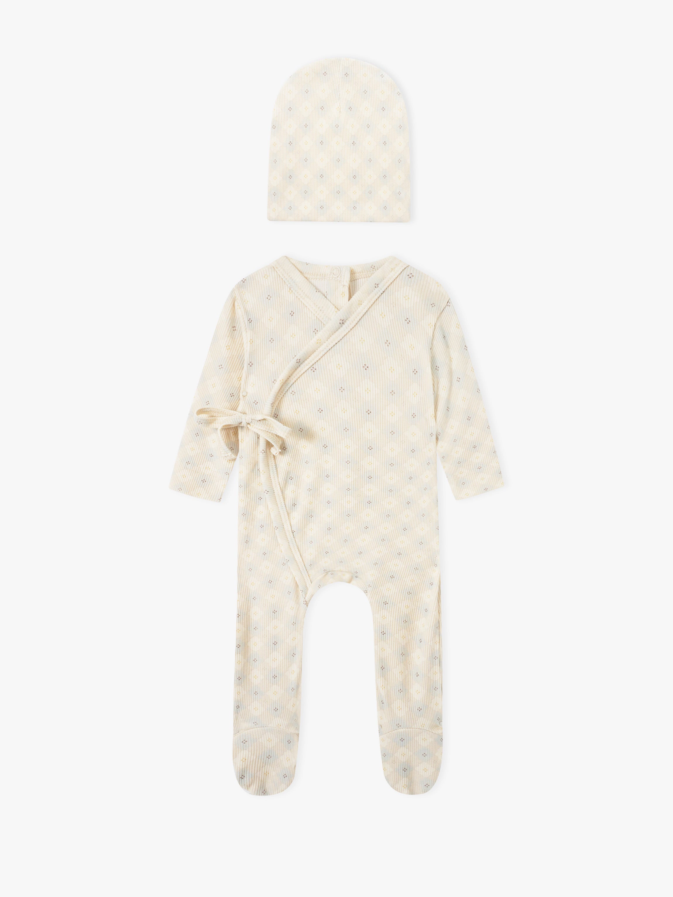 Little Button Blue baby layette set by Adee; cream knit robe with wrap belt and matching hat.