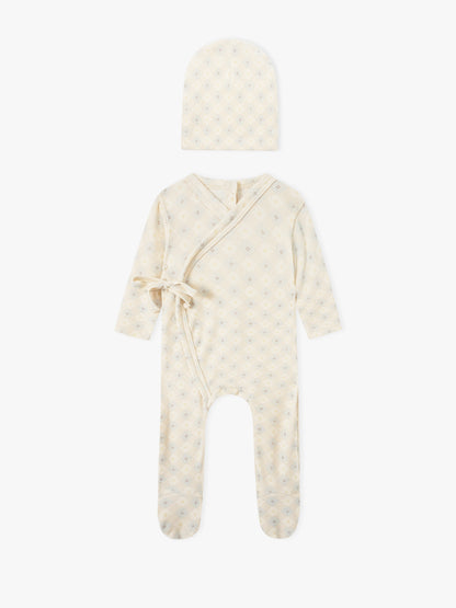 Little Button Blue baby layette set by Adee; cream knit robe with wrap belt and matching hat.