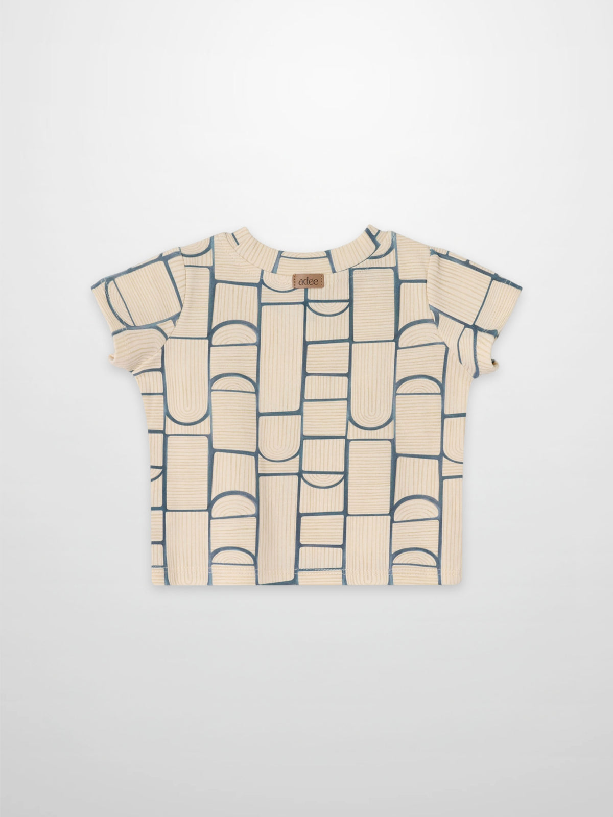 Abstract T-shirt for boys; beige base with light-blue geometric block pattern, Adee.